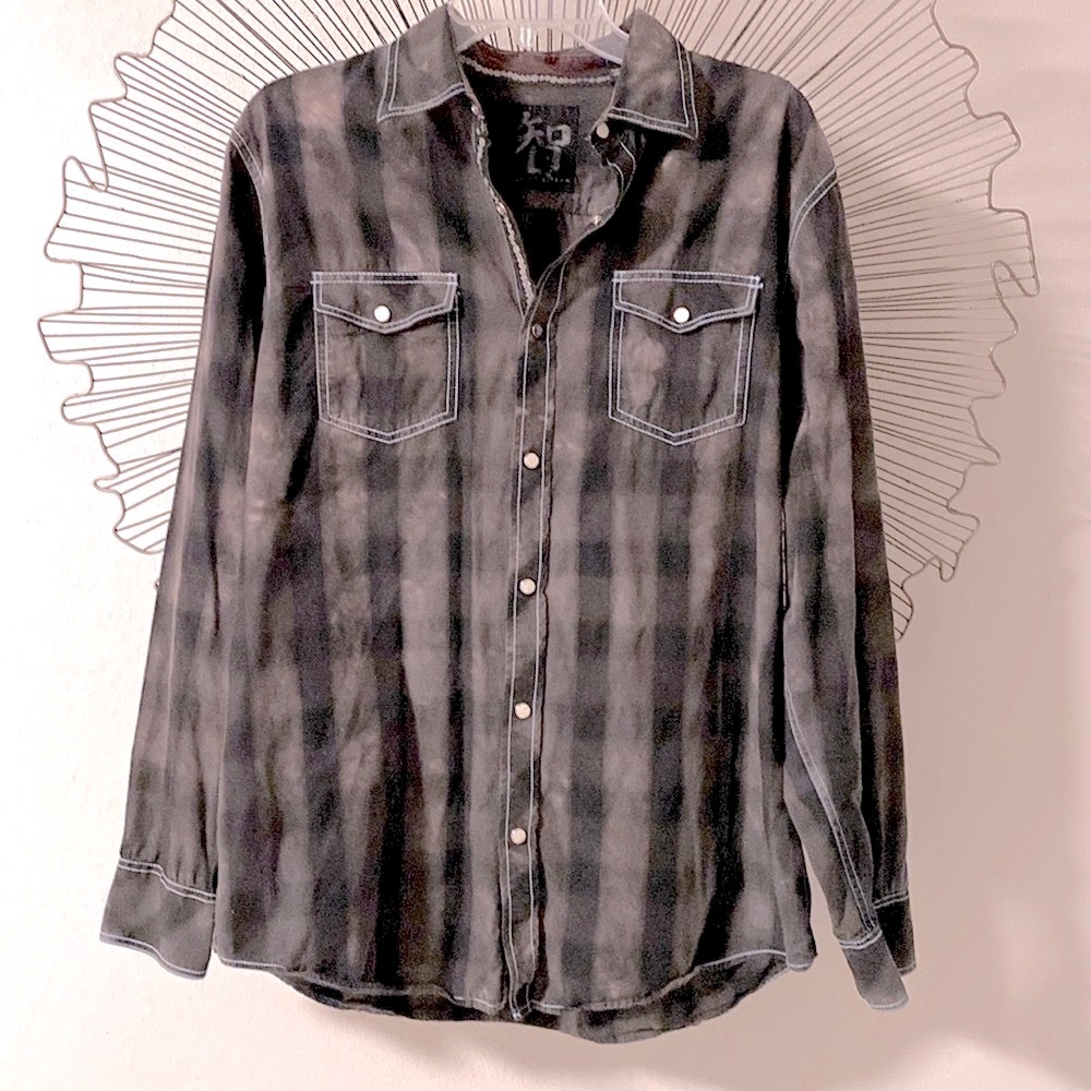 Age of Wisdom Men’s Pearl Snap Button Down Shirt Black Grey Size Large